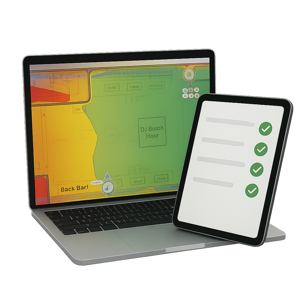 Laptop showing venue Wi-Fi coverage heat map with tablet checklist for managed deployment