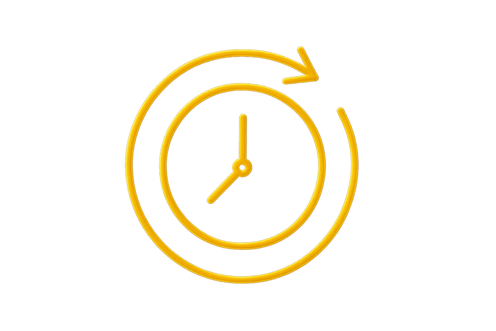 Gold line-art clock with circular arrow representing guest dwell time at venue