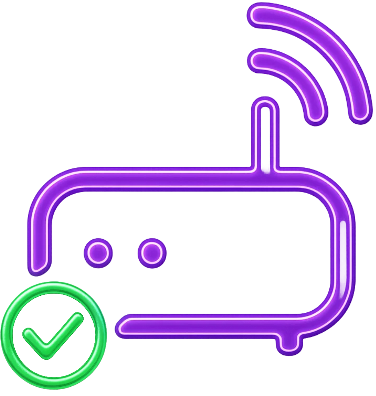 Purple line-art router with antenna and Wi-Fi arcs alongside green checkmark