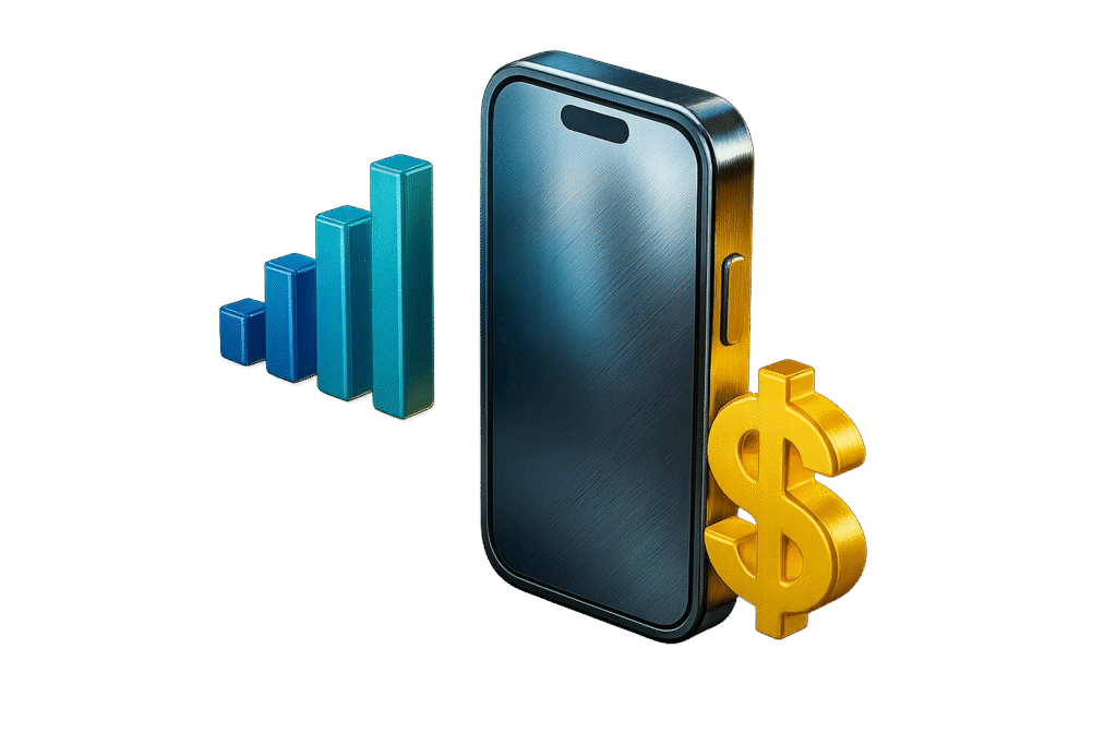 3D smartphone with cellular signal bars and gold dollar sign on grey background