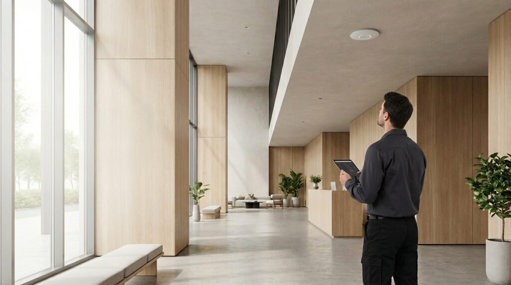 Venue manager holding tablet in modern building lobby with ceiling-mounted wireless access point